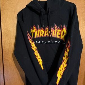 Thrasher Black Hoodie with Yellow and Red Flame Graphics